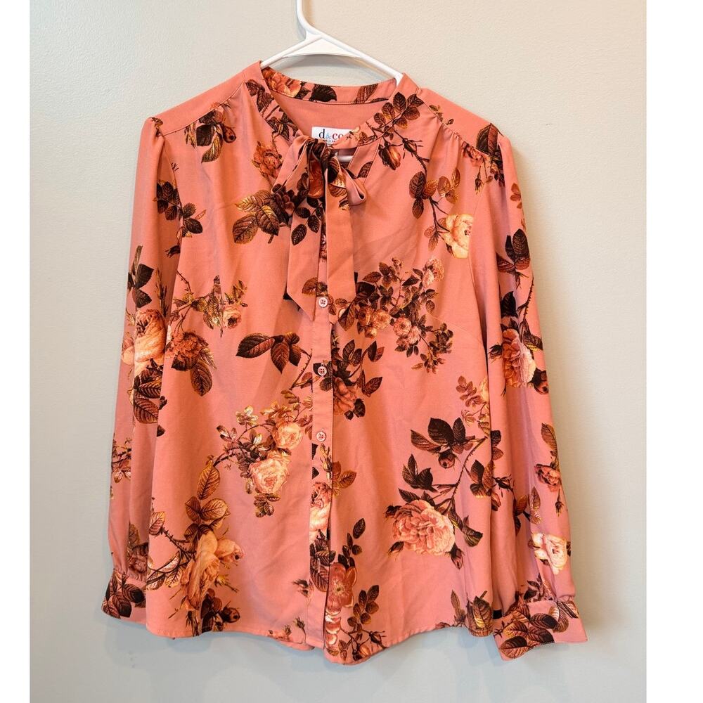 Denim & Co. Floral TieNeck Bow Blouse Dusty Coral Salmon Pink Cottagecore Size M